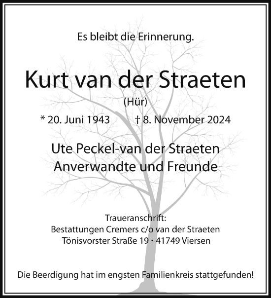 Traueranzeige von Kurt van der Straeten von trauer.extra-tipp-moenchengladbach.de