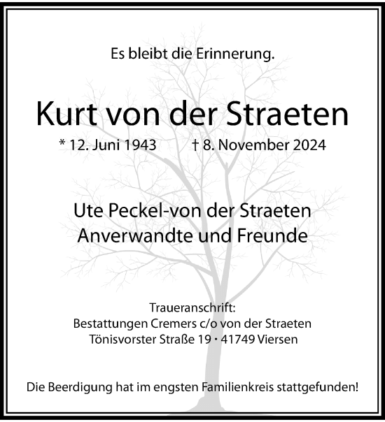 Traueranzeige von Kurt von der Straeten von trauer.extra-tipp-moenchengladbach.de