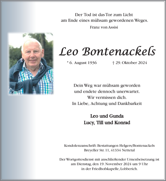 Traueranzeige von Leo Bontenackels von trauer.extra-tipp-moenchengladbach.de