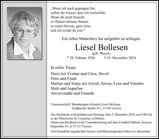 Traueranzeige von Liesel Bollesen von trauer.extra-tipp-moenchengladbach.de