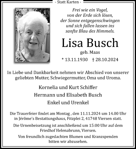 Traueranzeige von Lisa Busch von trauer.extra-tipp-moenchengladbach.de