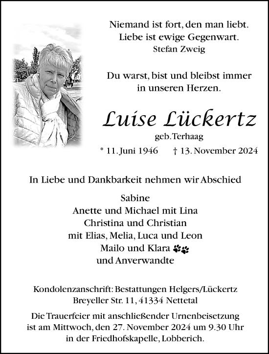 Traueranzeige von Luise Lückertz von trauer.extra-tipp-moenchengladbach.de