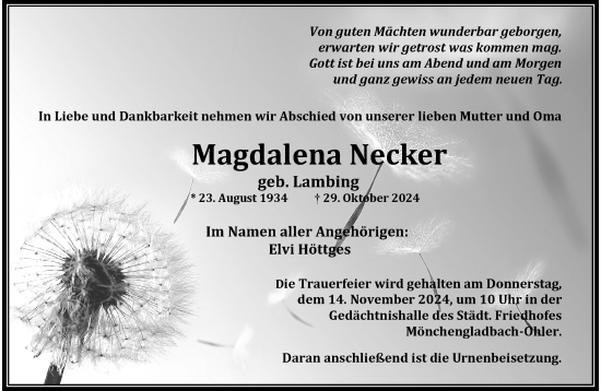 Traueranzeige von Magdalena Necker von trauer.extra-tipp-moenchengladbach.de