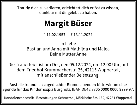 Traueranzeige von Margit Büser von trauer.wuppertaler-rundschau.de