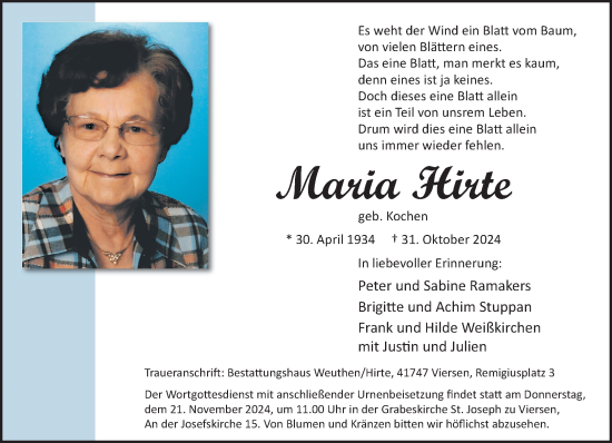 Traueranzeige von Maria Hirte von trauer.extra-tipp-moenchengladbach.de