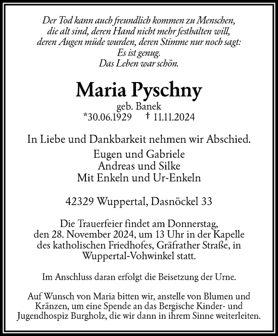 Traueranzeige von Maria Pyschny von trauer.wuppertaler-rundschau.de