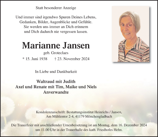 Traueranzeige von Marianne Jansen von trauer.extra-tipp-moenchengladbach.de