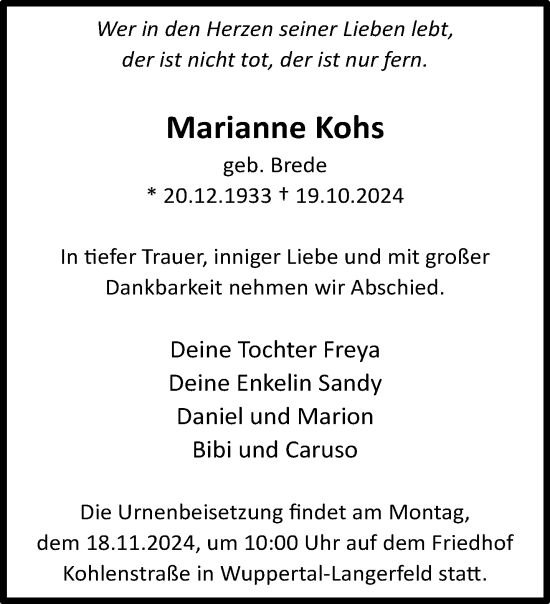 Traueranzeige von Marianne Kohs von trauer.wuppertaler-rundschau.de