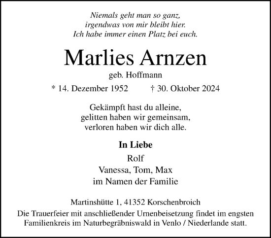 Traueranzeige von Marlies Arnzen von trauer.extra-tipp-moenchengladbach.de