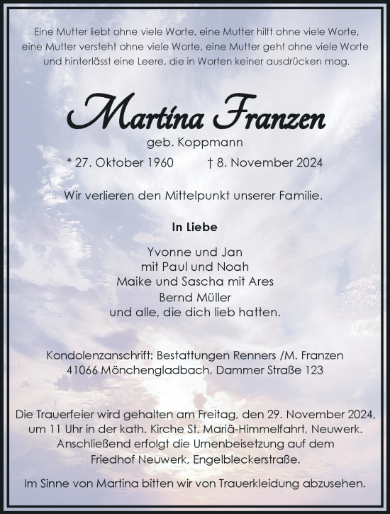 Traueranzeige von Martina Franzen von trauer.extra-tipp-moenchengladbach.de