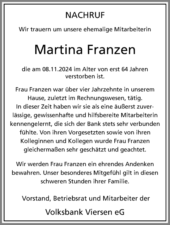 Traueranzeige von Martina Franzen von trauer.extra-tipp-moenchengladbach.de