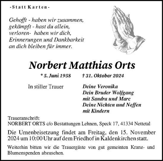 Traueranzeige von Norbert Matthias Orts von trauer.extra-tipp-moenchengladbach.de