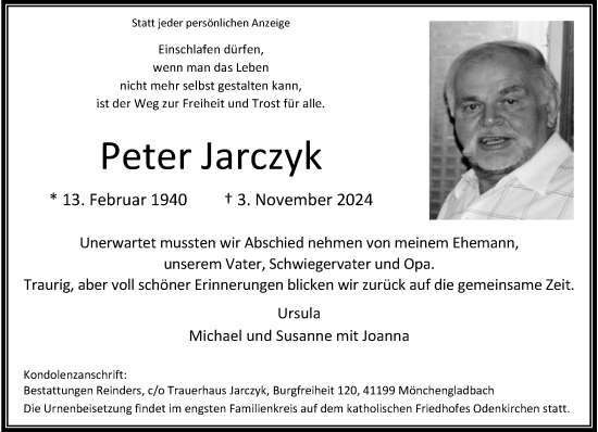 Traueranzeige von Peter Jarczyk von trauer.extra-tipp-moenchengladbach.de