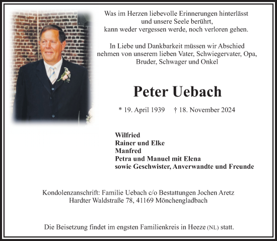 Traueranzeige von Peter Uebach von trauer.extra-tipp-moenchengladbach.de