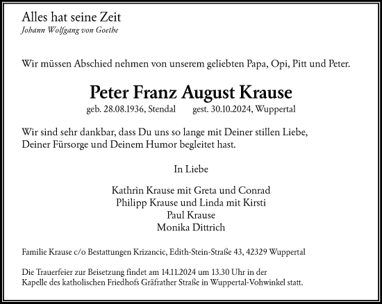 Traueranzeige von Peter Franz August Krause von trauer.wuppertaler-rundschau.de