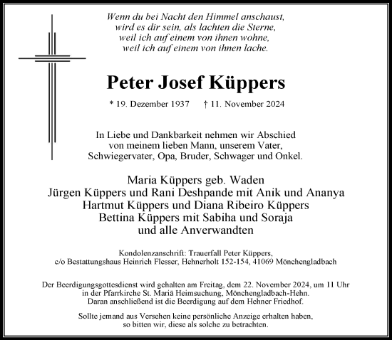 Traueranzeige von Peter Josef Küppers von trauer.extra-tipp-moenchengladbach.de