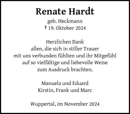 Traueranzeige von Renate Hardt von trauer.wuppertaler-rundschau.de