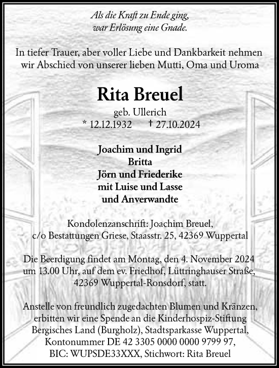 Traueranzeige von Rita Breuel von trauer.wuppertaler-rundschau.de