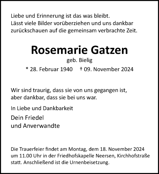 Traueranzeige von Rosemarie Gatzen von trauer.extra-tipp-moenchengladbach.de