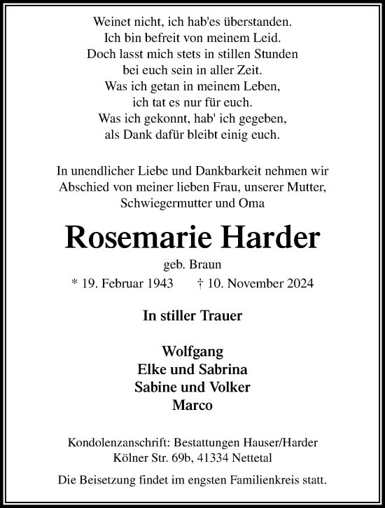 Traueranzeige von Rosemarie Harder von trauer.extra-tipp-moenchengladbach.de