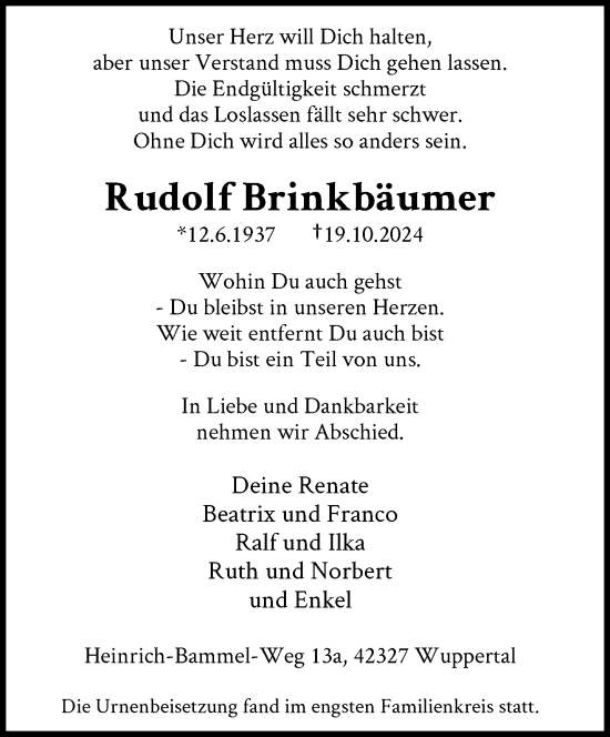 Traueranzeige von Rudolf Brinkbäumer von trauer.wuppertaler-rundschau.de