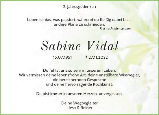 Traueranzeige von Sabine Vidal von trauer.wuppertaler-rundschau.de