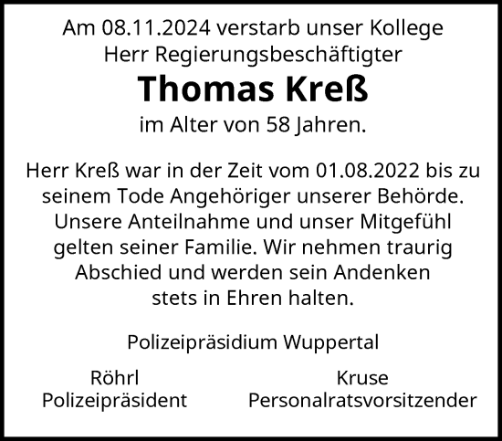 Traueranzeige von Thomas Kreß von trauer.wuppertaler-rundschau.de