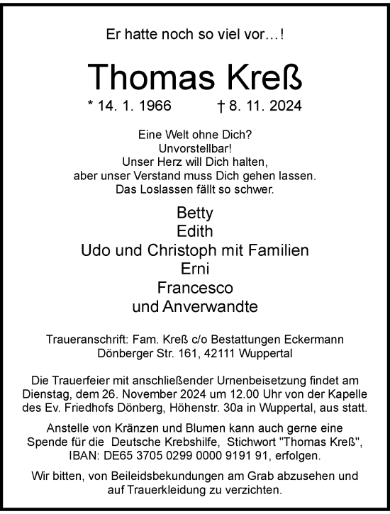 Traueranzeige von Thomas Kreß von trauer.wuppertaler-rundschau.de