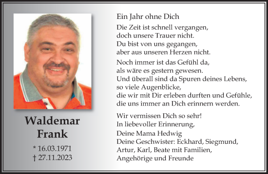Traueranzeige von Waldemar Frank von trauer.extra-tipp-moenchengladbach.de