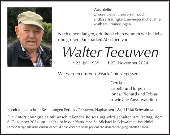 Traueranzeige von Walter Teeuwen von trauer.extra-tipp-moenchengladbach.de