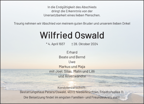 Traueranzeige von Wilfried Oswald von trauer.extra-tipp-moenchengladbach.de