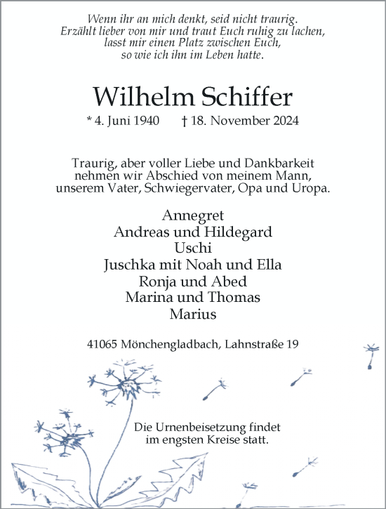 Traueranzeige von Wilhelm Schiffer von trauer.extra-tipp-moenchengladbach.de