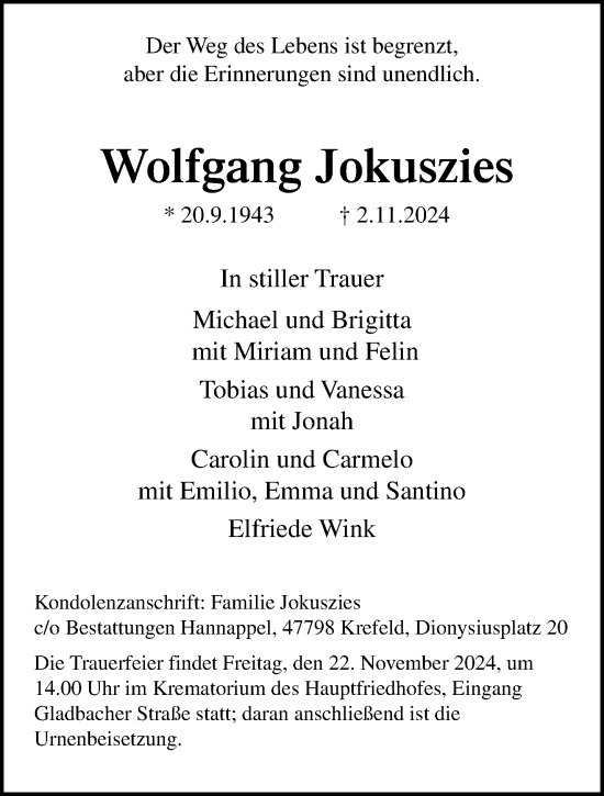 Traueranzeige von Wolfgang Jokuszies von trauer.extra-tipp-moenchengladbach.de