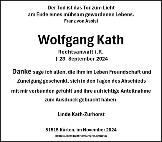 Traueranzeige von Wolfgang Kath von trauer.extra-tipp-moenchengladbach.de