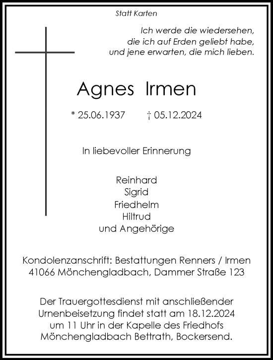 Traueranzeige von Agnes Irmen von trauer.extra-tipp-moenchengladbach.de