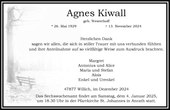 Traueranzeige von Agnes Kiwall von trauer.extra-tipp-moenchengladbach.de