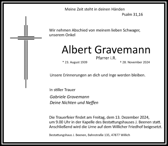 Traueranzeige von Albert Gravemann von trauer.extra-tipp-moenchengladbach.de