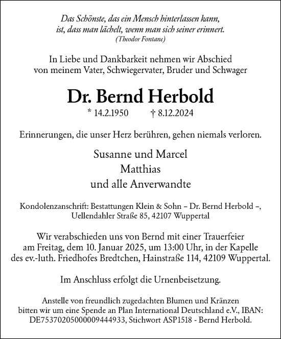 Traueranzeige von Bernd Herbold von trauer.wuppertaler-rundschau.de