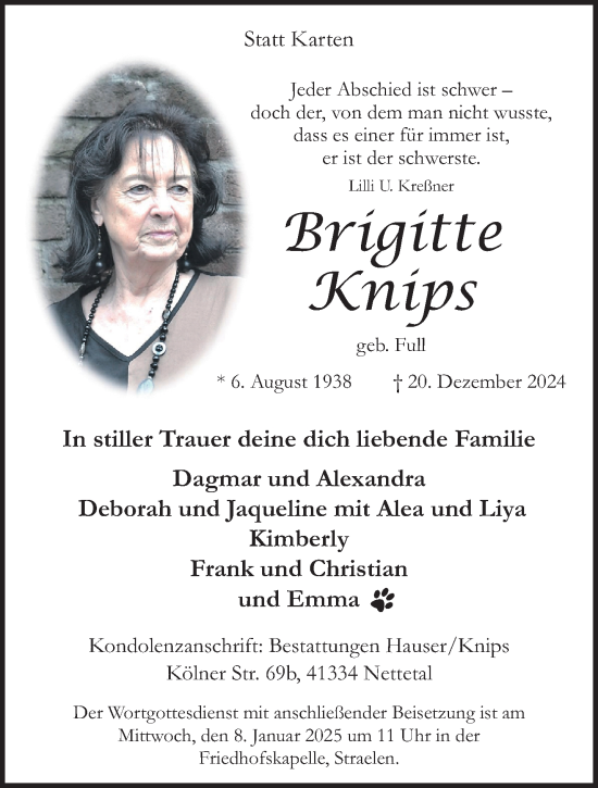 Traueranzeige von Brigitte Knips von trauer.extra-tipp-moenchengladbach.de