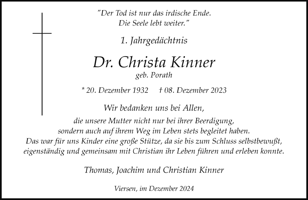  Traueranzeige für Christa Kinner vom 08.12.2024 aus trauer.extra-tipp-moenchengladbach.de