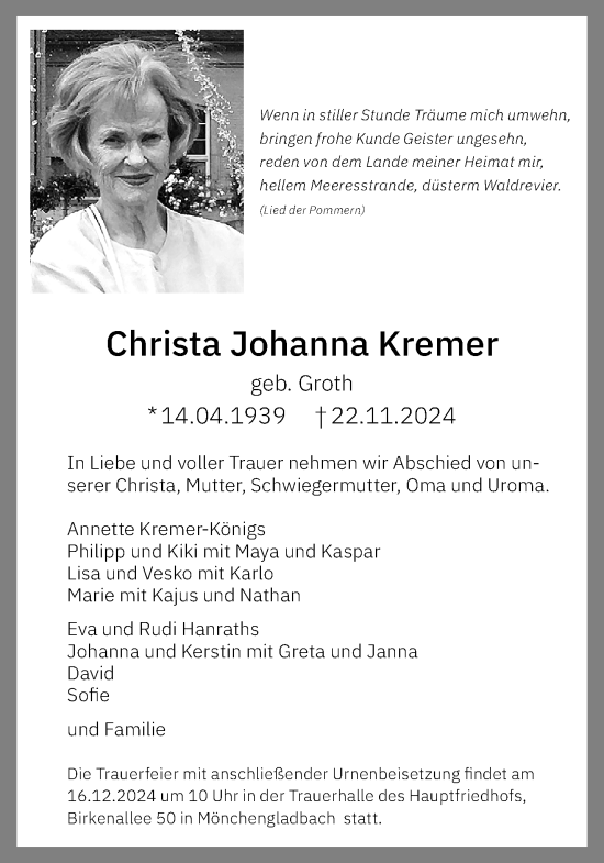 Traueranzeige von Christa Johanna Kremer von trauer.extra-tipp-moenchengladbach.de