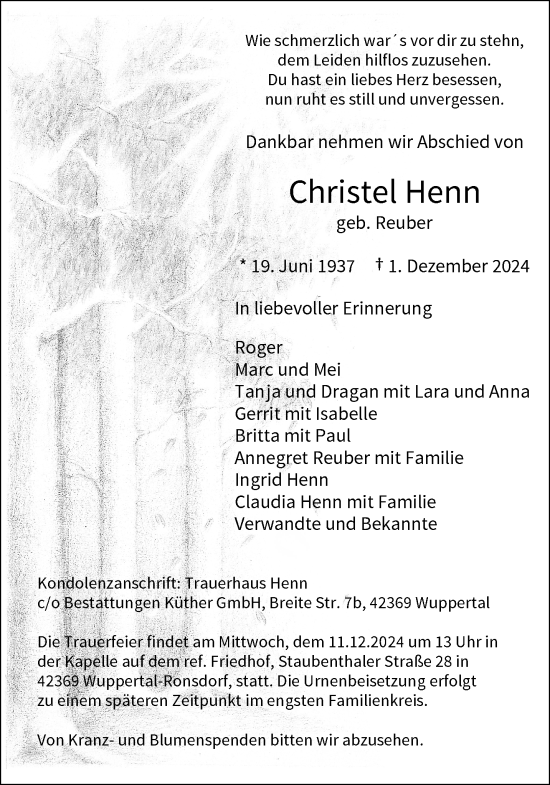 Traueranzeige von Christel Henn von trauer.wuppertaler-rundschau.de