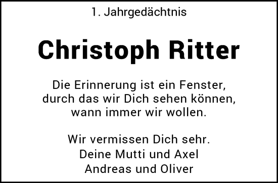 Traueranzeige von Christoph Ritter von trauer.wuppertaler-rundschau.de