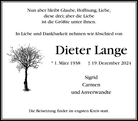 Traueranzeige von Dieter Lange von trauer.extra-tipp-moenchengladbach.de