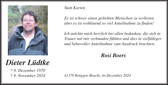 Traueranzeige von Dieter Lüdtke von trauer.extra-tipp-moenchengladbach.de