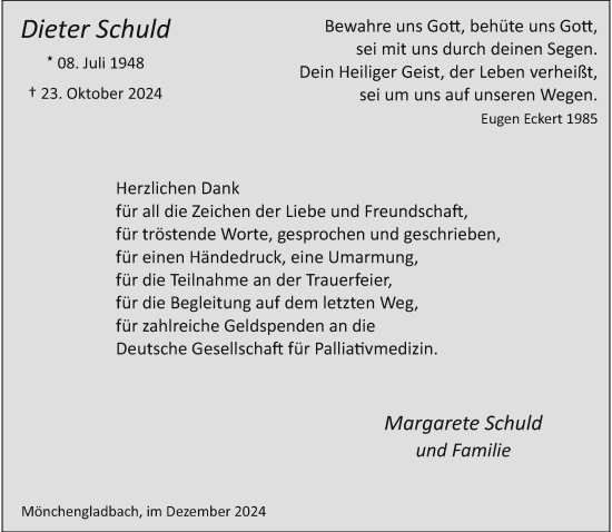 Traueranzeige von Dieter Schuld von trauer.extra-tipp-moenchengladbach.de