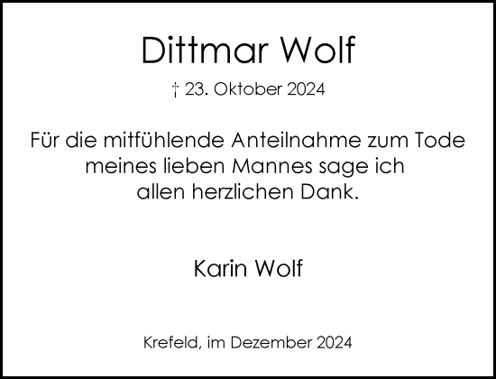 Traueranzeige von Dittmar Wolf von trauer.extra-tipp-moenchengladbach.de