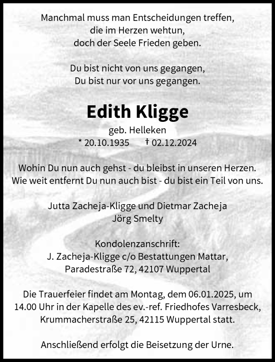 Traueranzeige von Edith Kligge von trauer.wuppertaler-rundschau.de