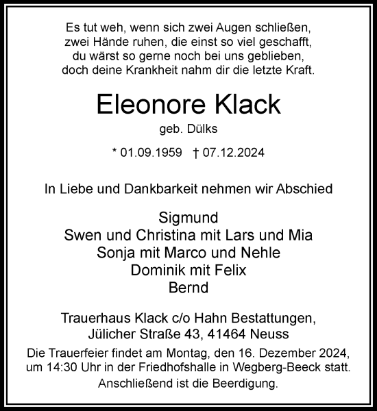 Traueranzeige von Eleonore Klack von trauer.stadt-kurier.de