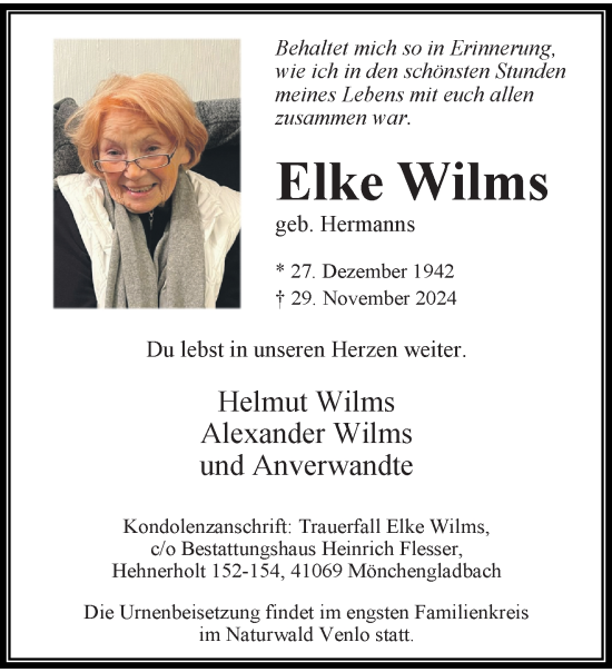 Traueranzeige von Elke Wilms von trauer.extra-tipp-moenchengladbach.de